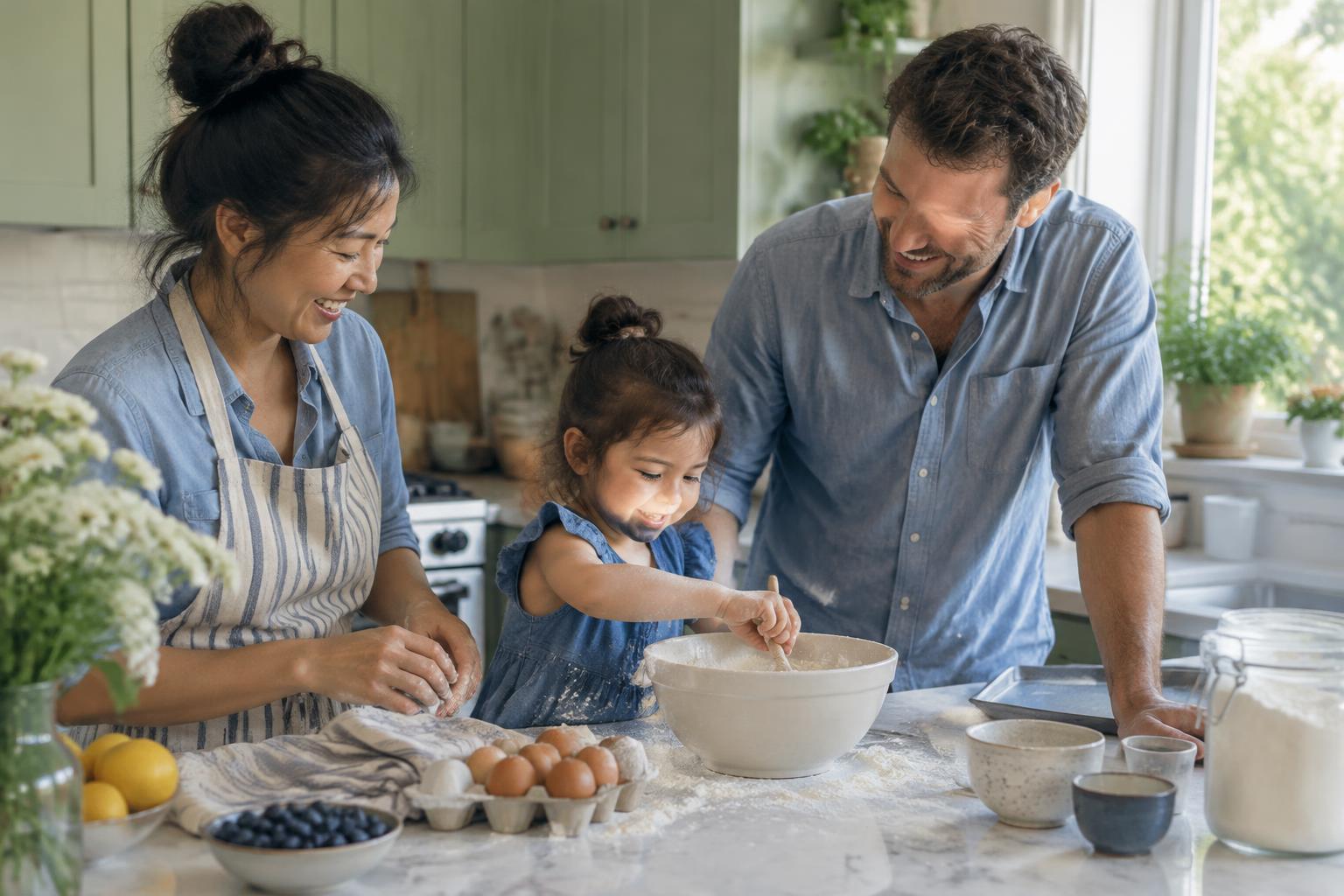 Parents baking together with their child in a sunlit kitchen