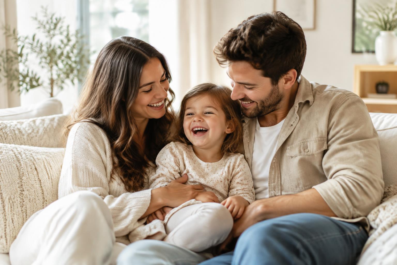 A family laughing together on their living room sofa